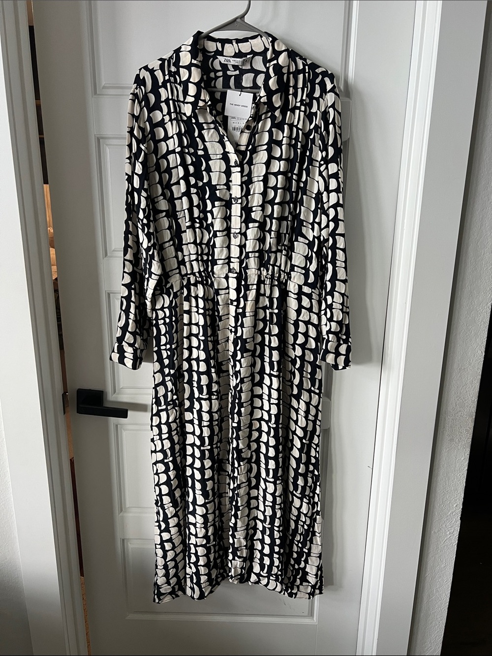 Zara Black & Cream Printed Midi Shirt Dress